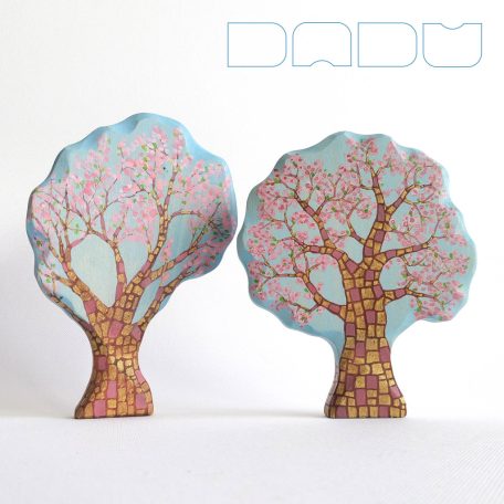 Pink blooming spring trees from the fairy tale forest:  decorative Klimt-inspired wooden toys